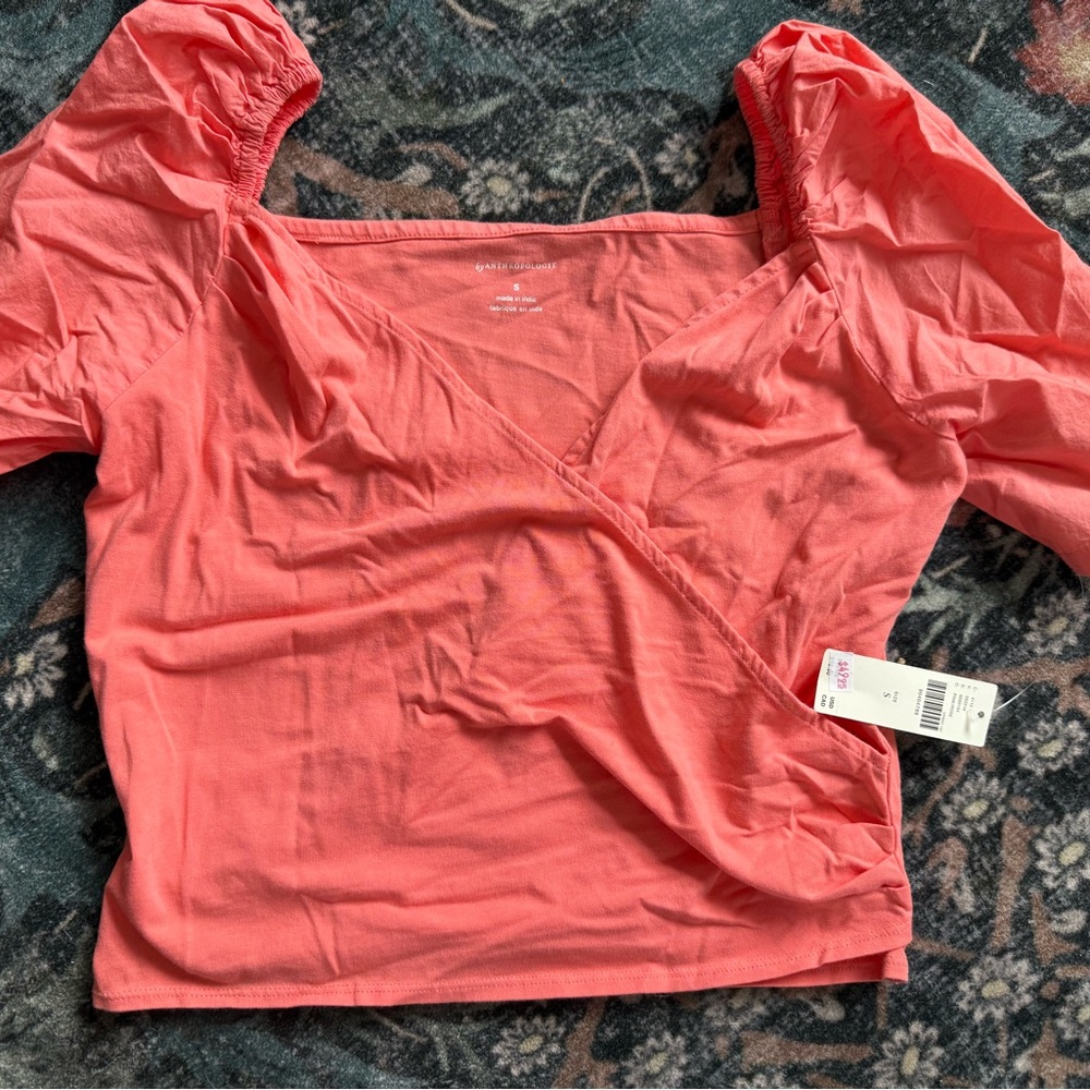 Anthropologie Women's Coral Puff-Sleeve Wrap Top